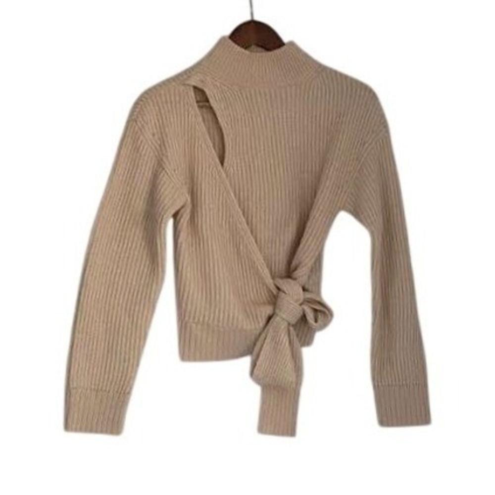 ASTR The Label Chic Elegant Cream Ribbed Mock Neck Wrap Tie Sweater‎ Size S